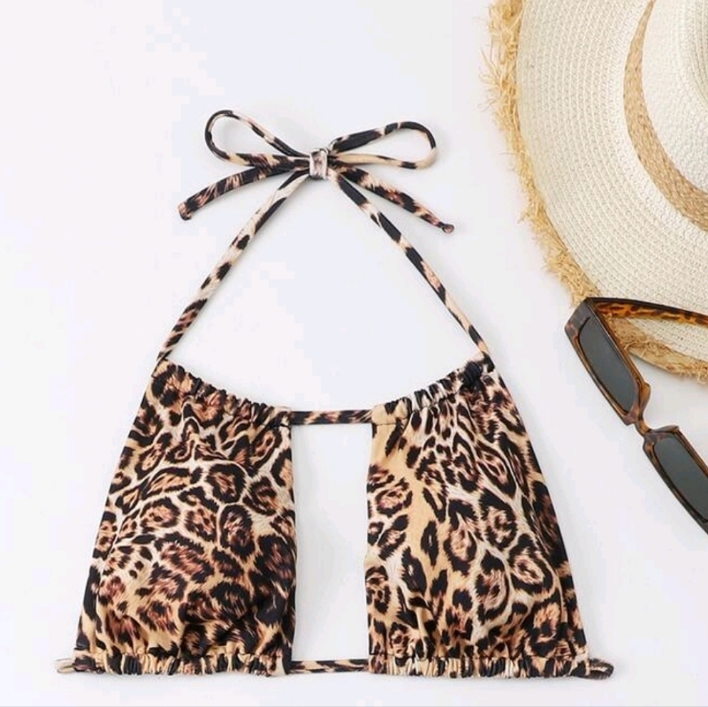 Leopard Bikini Top Size L Large String Neck Back … - image 2